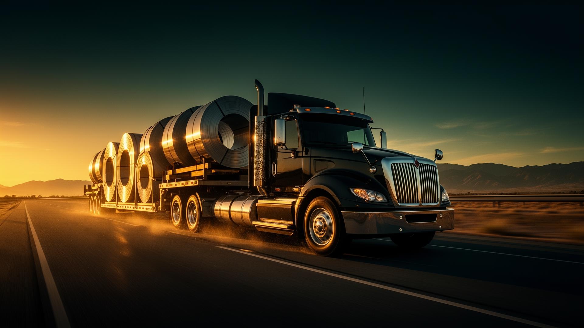 Black flatbed semi truck on a wet highway at dusk